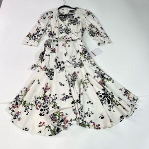 Maison Tara Midi Dress Womens 12 White Ruffle Tiered Belted Floral Faux Wrap new